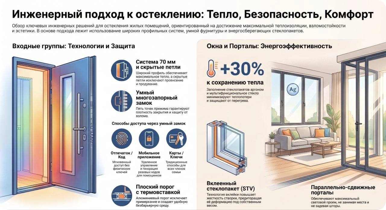 Комплексное остекление частного дома, Окна компас