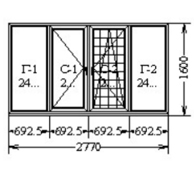 Три двухстворчатых окна с 1 поворотно-откидной створками, балконный блок с глухим окном и открывной дверью, П-образный балкон с 3-я глухими, 3 открывной и 1 поворотно-откидной створками.